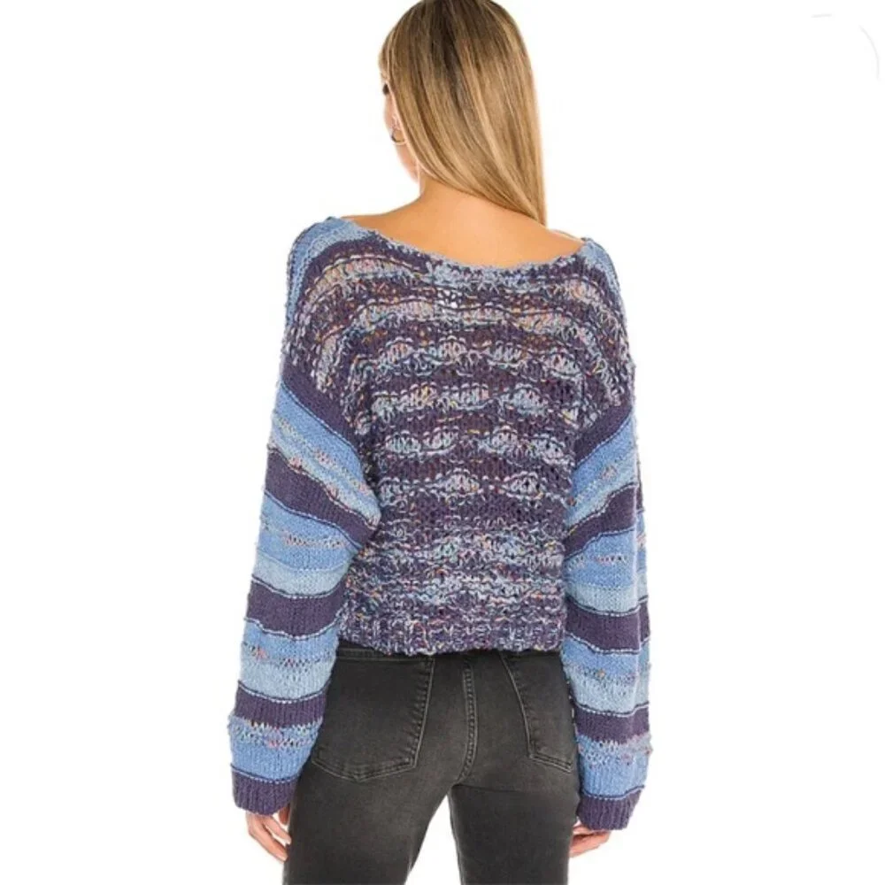 Free People Lake Life Pullover Sweater Bottled Blue Combo size small Chunky Knit - Picture 3 of 13